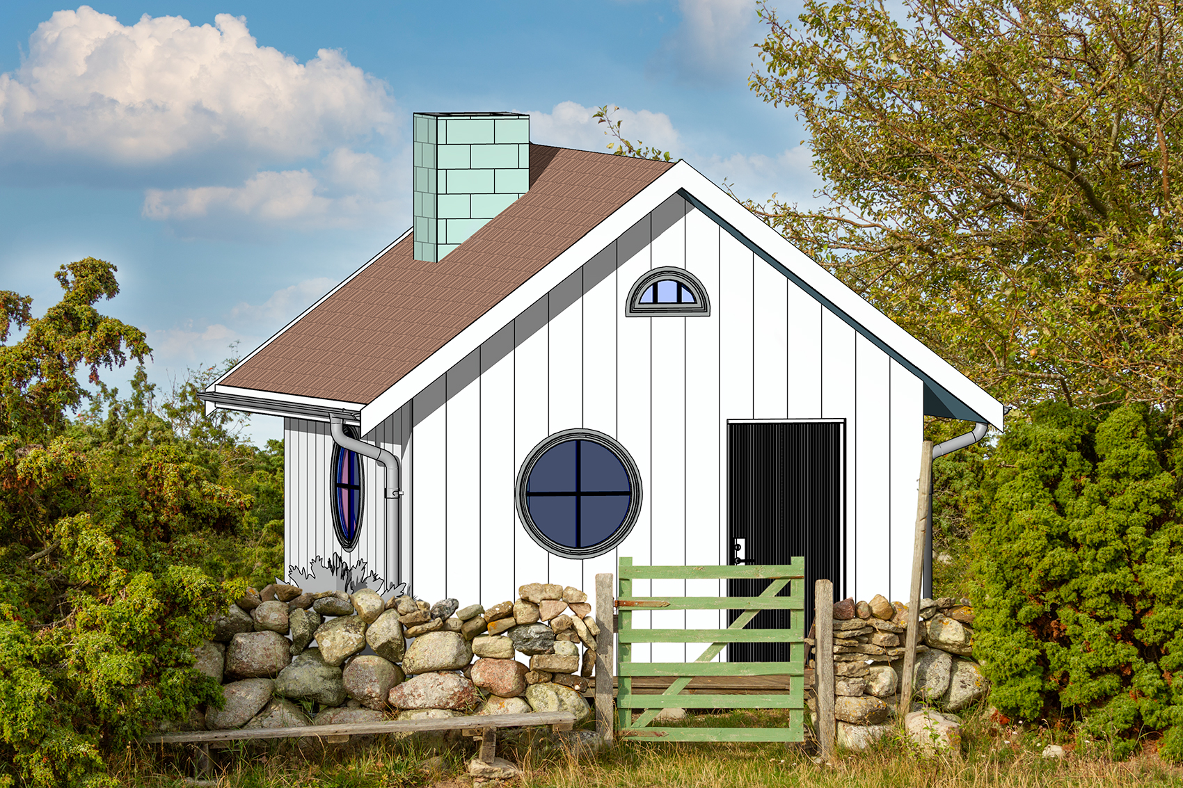 Fotokomposition av ett litet vitt hus, grundrenderat i revit, placerat i landskap med en stengärdsgård och en grön trägrind framför. Blå himmel med vitt fluffigt moln tillvänster om huset.
